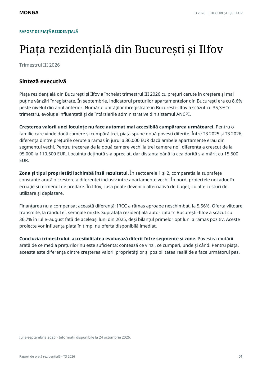 Prima pagină a raportului Monga T3 2026, cu rezumatul executiv