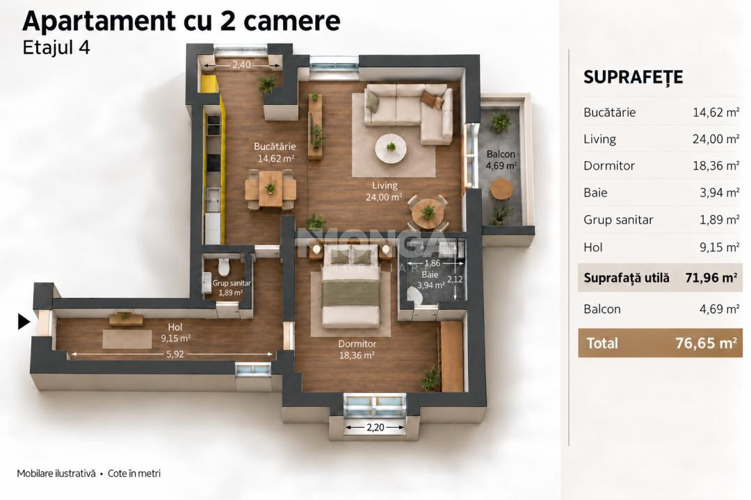 Apartament 2 camere 72mp | 0 Comision | Straulesti | Mobilat | 2 bai