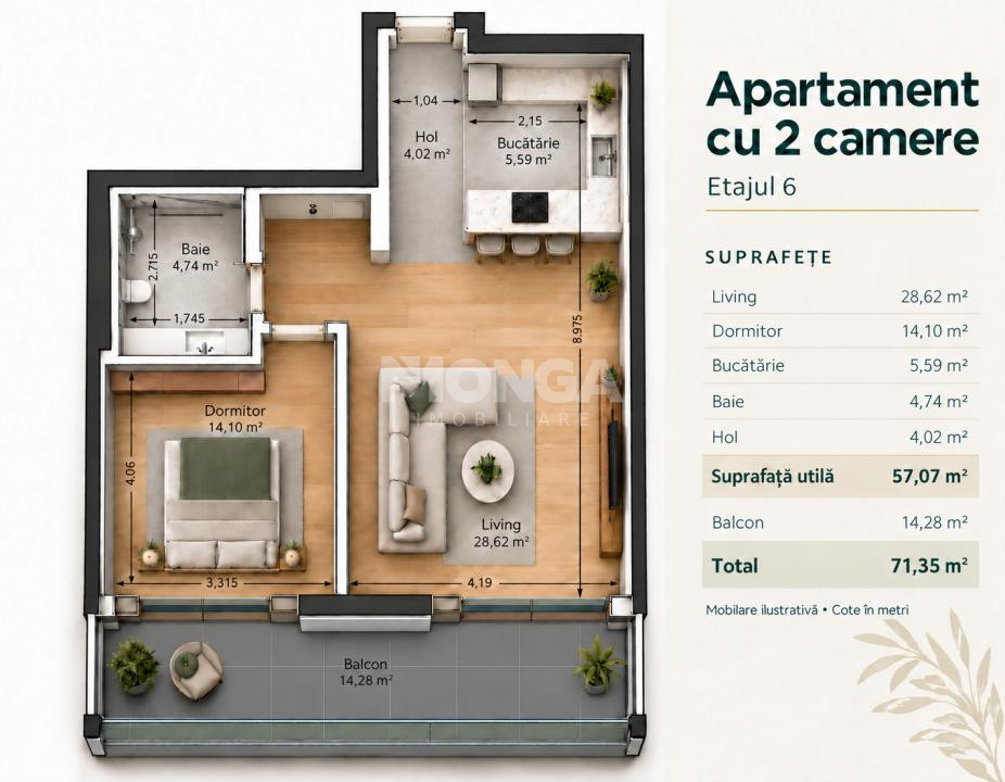 Apartament 2 camere 57mp | 0 Comision | One High District | Vedere lac
